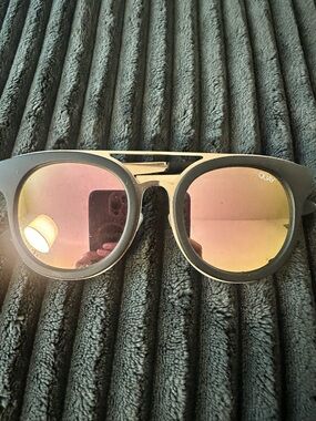 Quay Australia Black Frame Sunglasses with Pink-Gold Mirrored Lenses